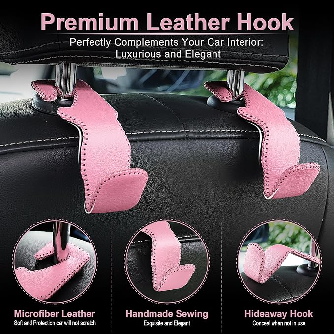 Headrest Hook for Car, Back Seat Organizer Pink Leather Hanger Holder Hook, Interior Car Accessories for Hanging Purses Bags Coats, 2 Pack