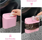Car Trash Can with Lid, 2 Pack Pink Mini Vehicle Trash Bin Dustbin Garbage Organizer Holder with Trash Bag, Small Hanging Leakproof Auto Storage Bag Container for Car SUV Home Office