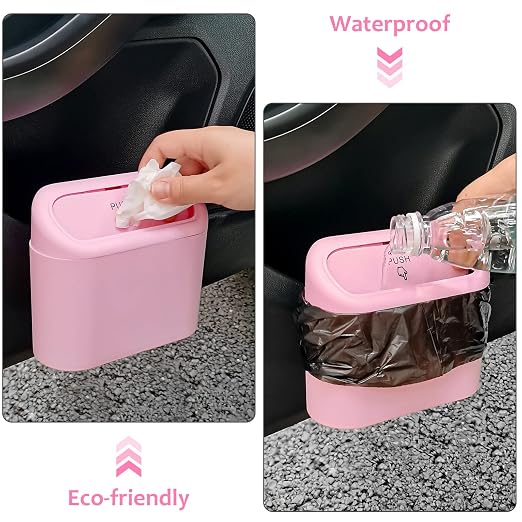 Car Trash Can with Lid, Leakproof Vehicle Garbage Organizer Holder Bin with 60 Pack Trash Bags, Mini Auto Dustbin Accessories Storage Container for Vans, SUVs, Office (Pink)