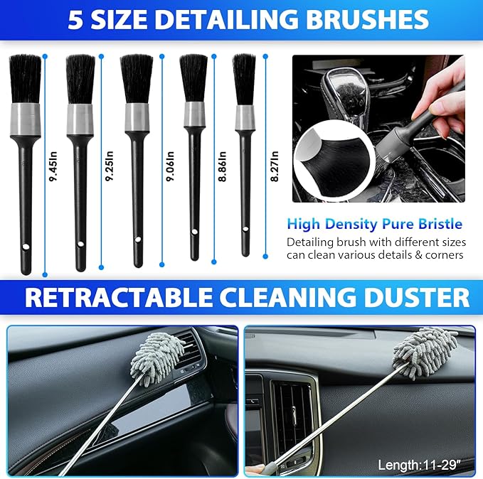 Car Cleaning Kit, Car Detailing Kit Interior Cleaner with High Power Handheld Vacuum, 10Pcs Detailing Brush and Storage Bag, Gray Auto Interior Cleaning Kit for Men