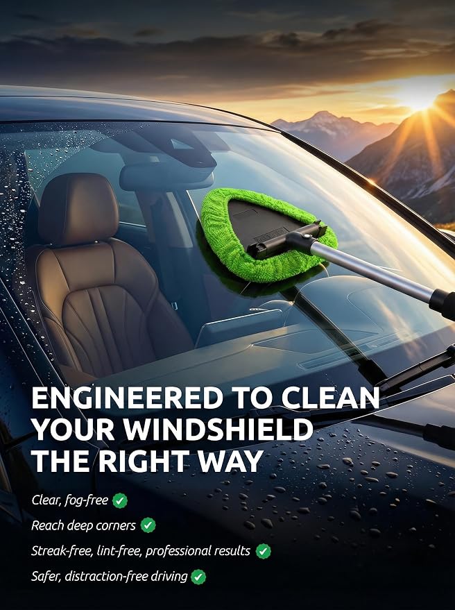 Window & Windshield Cleaner, Extendable, 3 Microfiber Pads (Green) | Pivoting Triangle Head Wiper Cleans Interior & Exterior Glass, 3 Washable Reusable Bonnets, Lint-Free