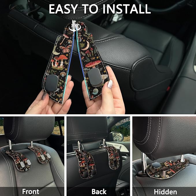 2PCS Car Seat Back Storage Headrest Hooks, Mushroom Moon Purse Holder Bags Hanger, PU Leather Double Metal Hook for Backseat Organizer, Women Car Accessories Organization