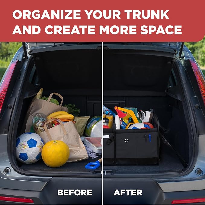 Car Organizers and Storage Premium Adjustable Multi Compartments Car Storage Organizer | Portable and Foldable SUV Trunk Organizer for Car (Standard Size, 20.86"L x 13.4"W x 10"H )-Black