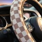 Checkered Brown Steering Wheel Cover 14-15 Inch with 2 Pcs Car Coasters | Universal Anti-Slip Breathable Suitable Men Women Checkered Car Wheel Cover Accessories