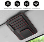 Car Sun Visor Organizer, Premium Leather Sun Visor Sunglass Holder with Card Holders & Pen Clip Slot, Universal Car Interior Organizer for Driving License, Card, Pen (Black & Red)
