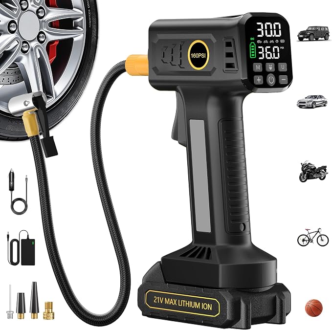 21V Cordless Portable Tire Inflator – Fast Inflation, 160PSI Air Compressor, Rechargeable Battery & 12V Car Adapter, Digital Pressure Gauge, Air Pump for Car, SUV, Motorcycle, Bike, Ball