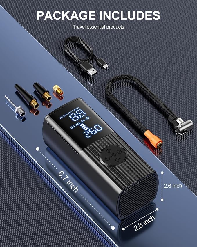 Tire Inflator Portable Air Compressor, 180PSI Cordless Air Pump with Digital Gauge, LED Light, 3X Faster Air Compressor for Cars, Motorcycles, Bicycles, Balls