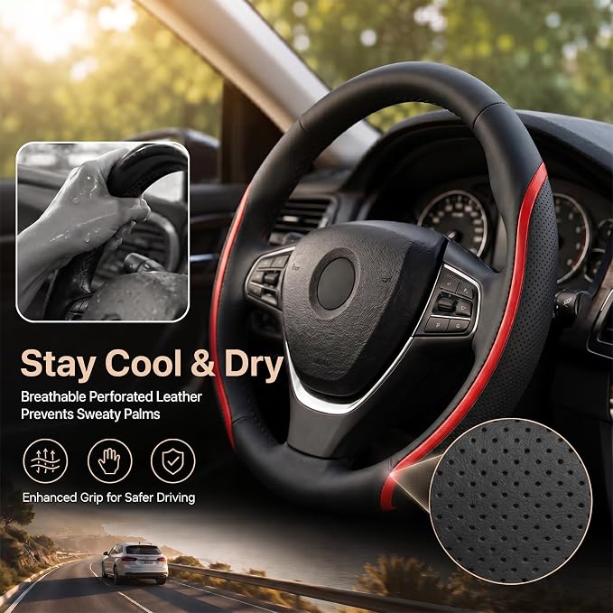 Steering Wheel Cover Black and Red Leather Universal 14.5-15 inch | Carbon Fiber Car Steering Wheel Covers with Coasters Microfiber Breathable Anti-Slip Steering Wheel Accessories Set