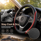 Steering Wheel Cover Black and Red Leather Universal 14.5-15 inch | Carbon Fiber Car Steering Wheel Covers with Coasters Microfiber Breathable Anti-Slip Steering Wheel Accessories Set