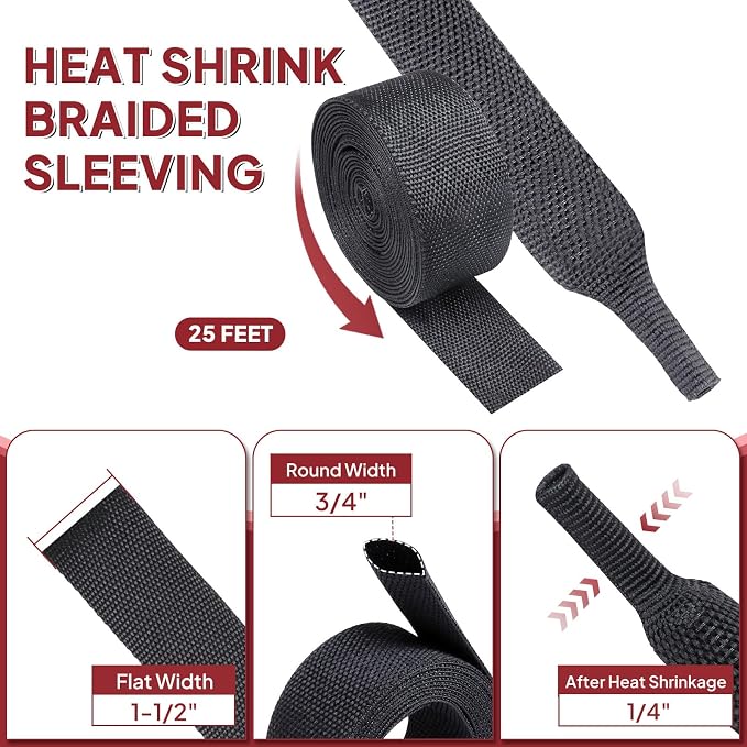 Heat Shrink Braided Sleeving, 2:1 Ratio Shrinkable Fabric Tubing Sleeve Abrasion Protection Cable Wire Sheath (3/4"-25ft)