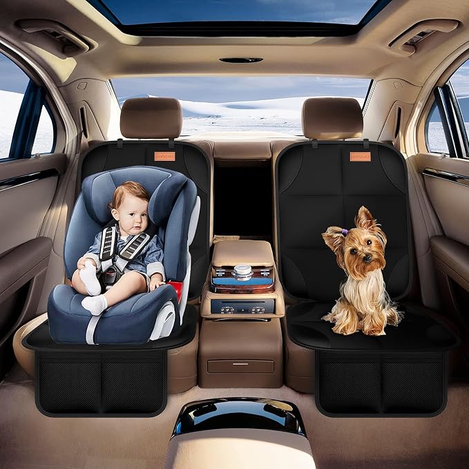 Car Seat Protector [1 Pack] Large Auto Protector for Child Seats with Thickest Padding and Non-Slip Backing Mesh Pockets for SUV, Sedan, Truck, Leather and Fabric - Black
