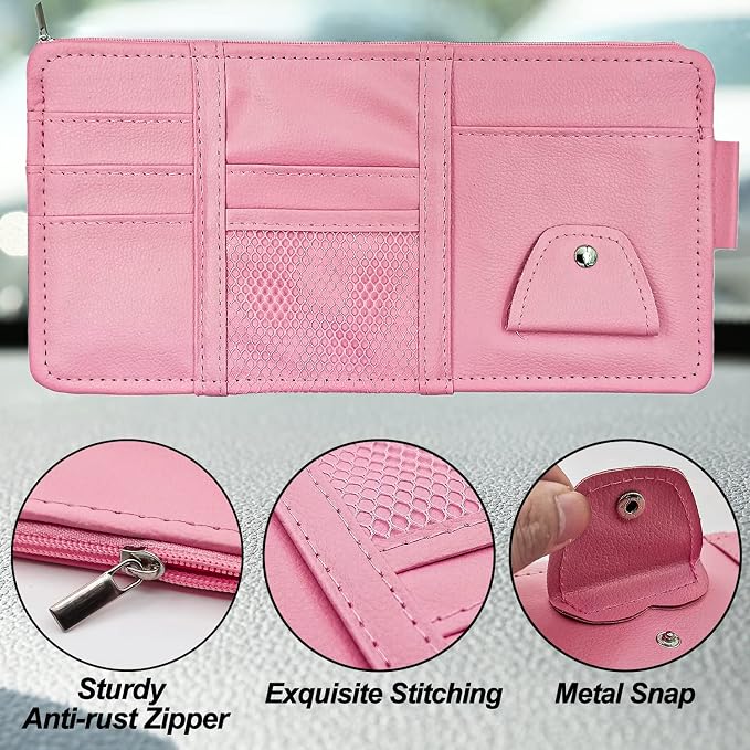 Car Sun Visor Organizer, Truck Visor Organizer Car Sun Storage Pocket Pouch Case Bag for Sunglasses, Cards, Pens and Document - Pink