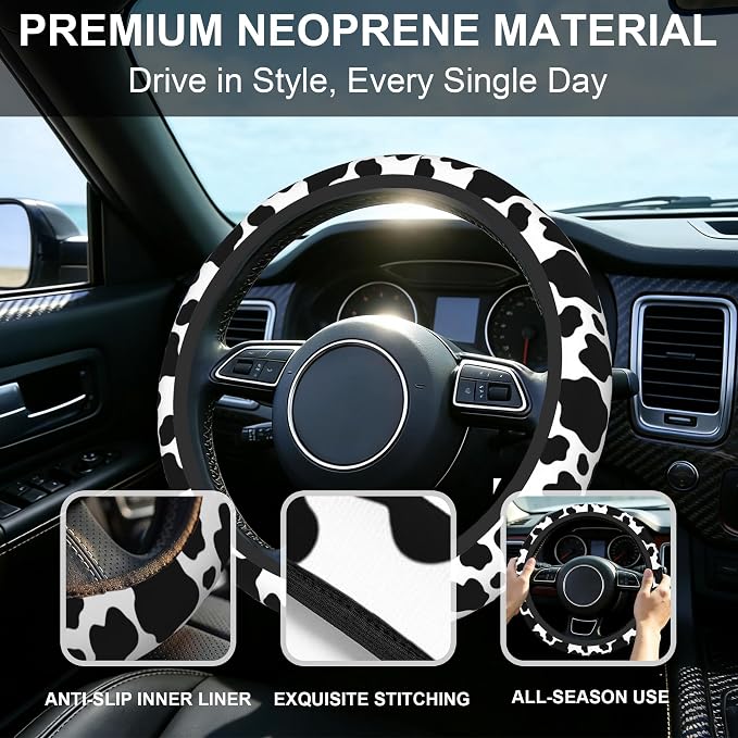 Cow Print Steering Wheel Cover with 2 PCS Cup Coasters for Car,Black and White Cow Print 15 Inch Non-Slip Neoprene Steering Wheel Covers,Breathable Car Accessories Fit for Men Women