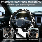 Cow Print Steering Wheel Cover with 2 PCS Cup Coasters for Car,Black and White Cow Print 15 Inch Non-Slip Neoprene Steering Wheel Covers,Breathable Car Accessories Fit for Men Women