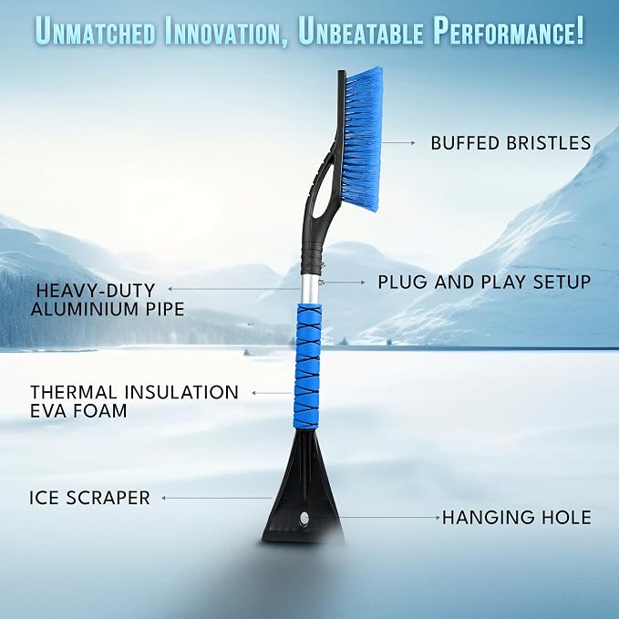 27" Aluminum Car Snow Scraper and Brush | Weaved Bristle Head with Metal Body Ice Scraper for Car Windshield | Tough Show Shovel with Ergonomic Foam Grip Winter Accessory