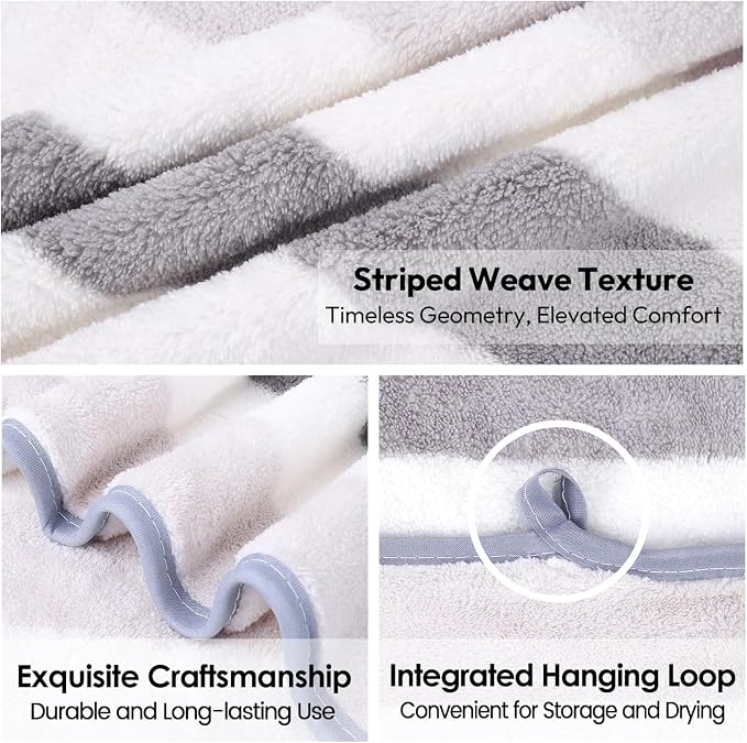 Microfiber Bath Towels, 30" x 60", Cabana Stripe Grey, Set of 2 | Hanging Loop,Large, Soft, Super Absorbent, Fast Drying, Perfect for Hair Wrap, Sport, Fitness, Yoga