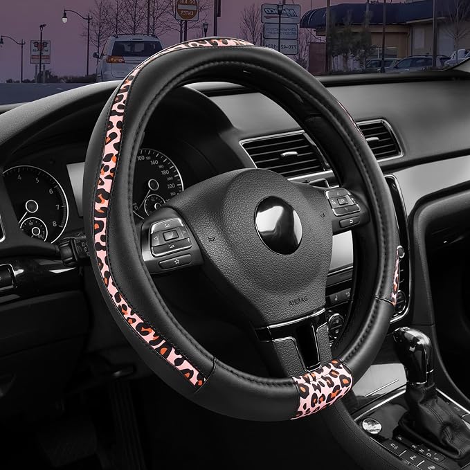 Steering Wheel Cover - Made with PVC Leather and Leopard Fabric - Universal 14 1/2 inches to 15 inches for Most Automotive Steering Wheel - Cheetah Print - Pink Leapord