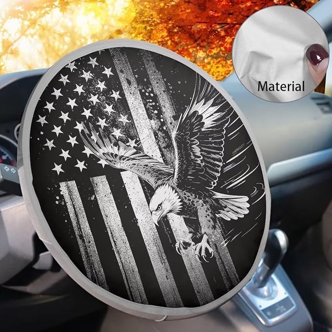 Universal Car Steering Wheel Sun Shade Cover,Black White American Eagle Heat-Resist Aluminum Foil Steering Wheel Cover for Most Car Auto Interior Protector