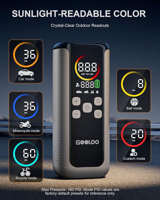 GT160 DUAL Tire Inflator Portable Air Compressor, 4X Faster Dual Cylinder & Upgraded Color LED Screen Portable Air Pump for Car Tires, Auto Shut-off Electric Bike Tire Pump with Pressure Gauge