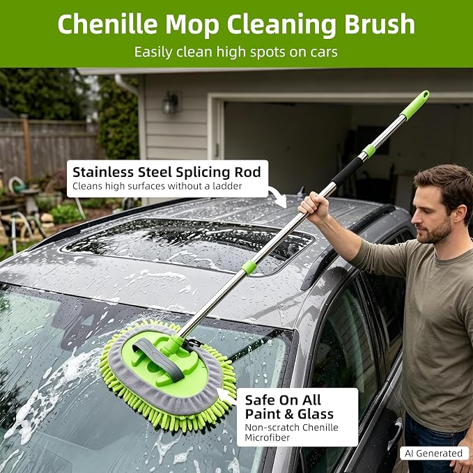 2 Pack 62" Car Wash Brush with Long Handle, Chenille Microfiber Car Wash Mop Mitt, Scratch-Free Soft Bristles Brush, Windshield Window Squeegee, Car Cleaning Kit Supplies for Car,Truck,SUV,RV,Boat