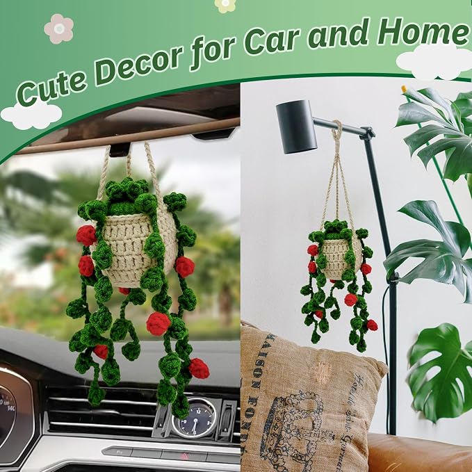 Crochet Hanging Plant for Car,Car Decorations Interior,Plant Aesthetic Car Accessories for Women Interior Cute,Car Ornaments Charms for Rear View Mirror,Boho Car Decoration Gifts