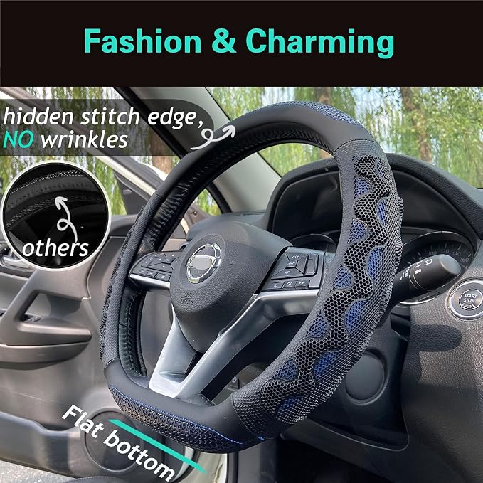 D Shaped 14 Inch Small Sized Steering Wheel Cover Great Grip with 3D Honeycomb Anti-Slip Design, Flat Bottom 14 Inch (Blue)
