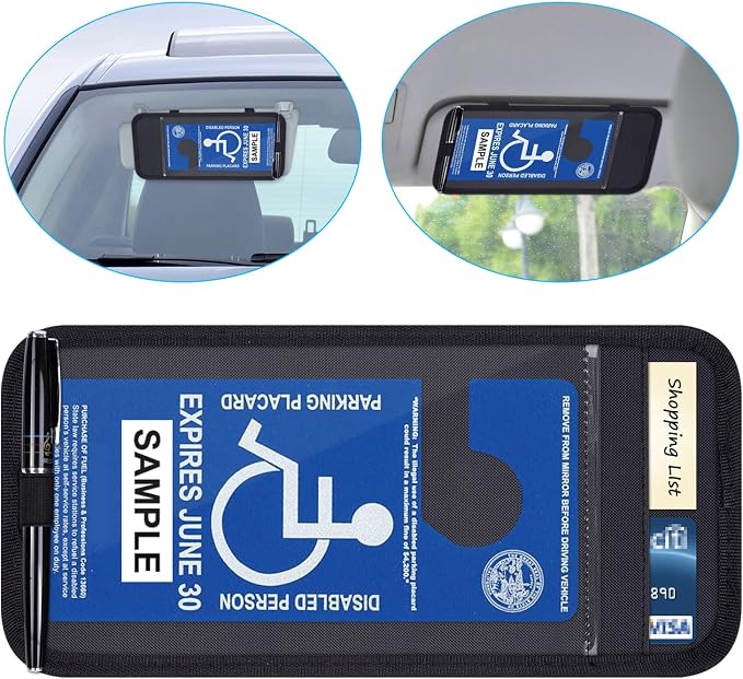 Handicap Placard Holder for Auto, Disabled Parking Permit Sign Protector for Car Sun Visor with Note Paper Slot, Pen Holder and Elastic Strap - Black