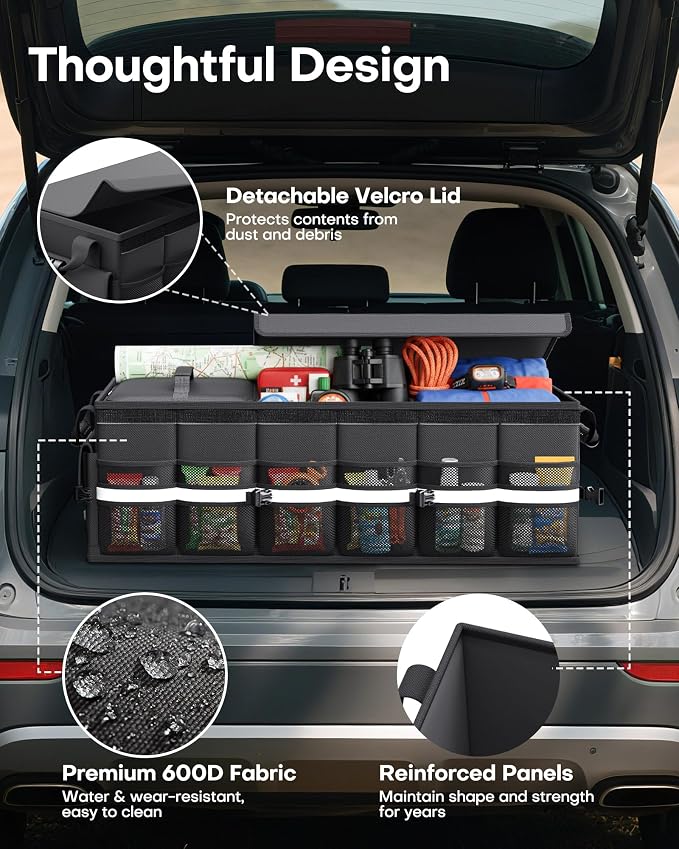Car Trunk Organizer - Trunk Organizer for SUV with Removable Cooler Bag, Foldable Cover, 3 Compartment Car Storage Essential Car Accessories for Truck, Van & Sedan, Black, 33.1" x 12.6" x 11.0"