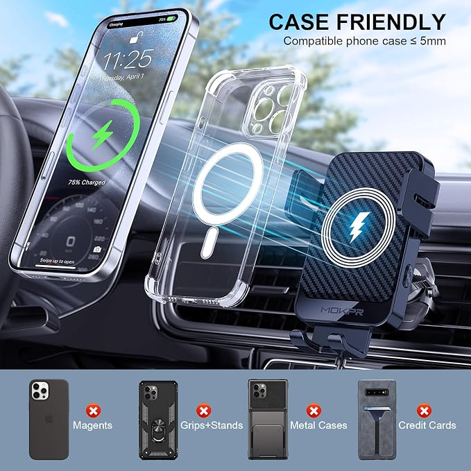 Wireless Car Charger, 15W Fast Charging Auto-Clamping Car Charger Phone Mount Air Vent Cell Phone Holder for iPhone 16/15/14/13/13 Pro/12 pro/12/11, for Samsung Galaxy S23/S22/S21/S20, etc