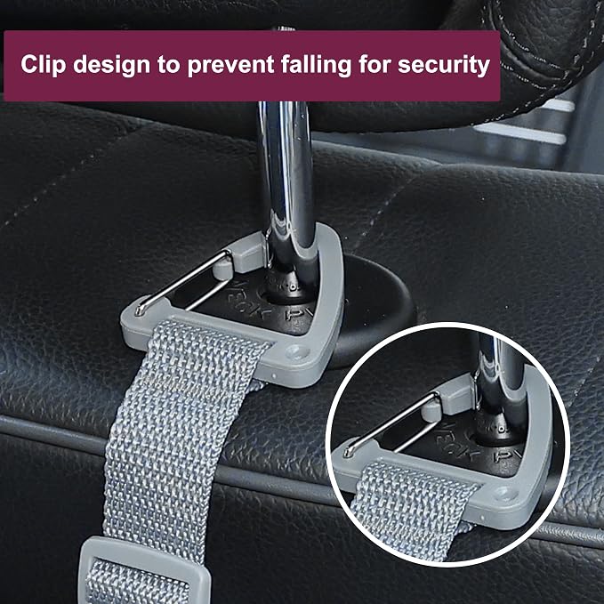 Adjustable 4-Pack Car Headrest Hooks - Universal Seat Back Organizer with Heavy-Duty Clip for Purses, Bags & Groceries Gray