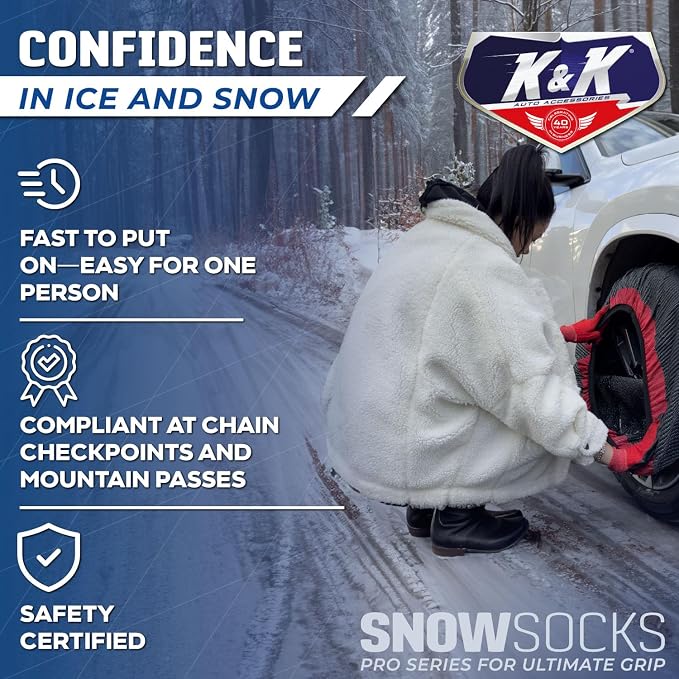 K&K Auto Snow Socks for Tires – Pro Series for Ultimate Grip Approved Snow Chain Alternative Traction Device – Tire Sock for Heavy Duty Pickup Truck – Winter Accessory Emergency Kit – 4XL (2pcs)