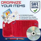 CD Case Holder for Car - Sun Visor Organizer for 12 CD’s/Dvd’s, 1 Mesh Pocket & 1 Horizontal Pen Holder - Safe, Ergonomic Design (Red)
