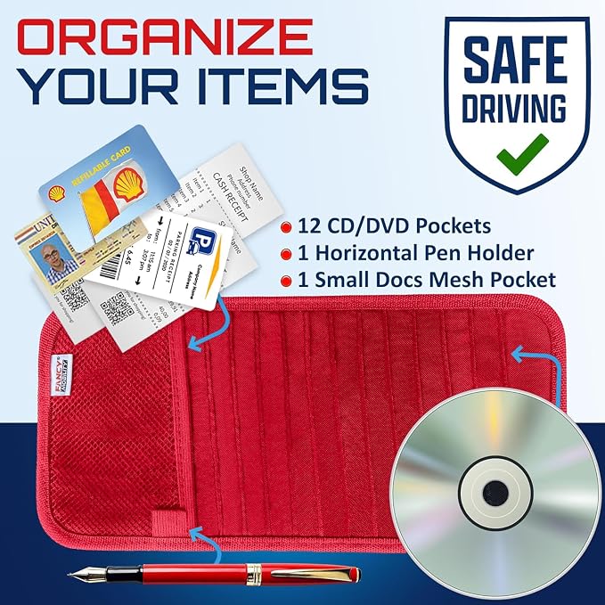 CD Case Holder for Car - Sun Visor Organizer for 12 CD’s/Dvd’s, 1 Mesh Pocket & 1 Horizontal Pen Holder - Safe, Ergonomic Design (Red)