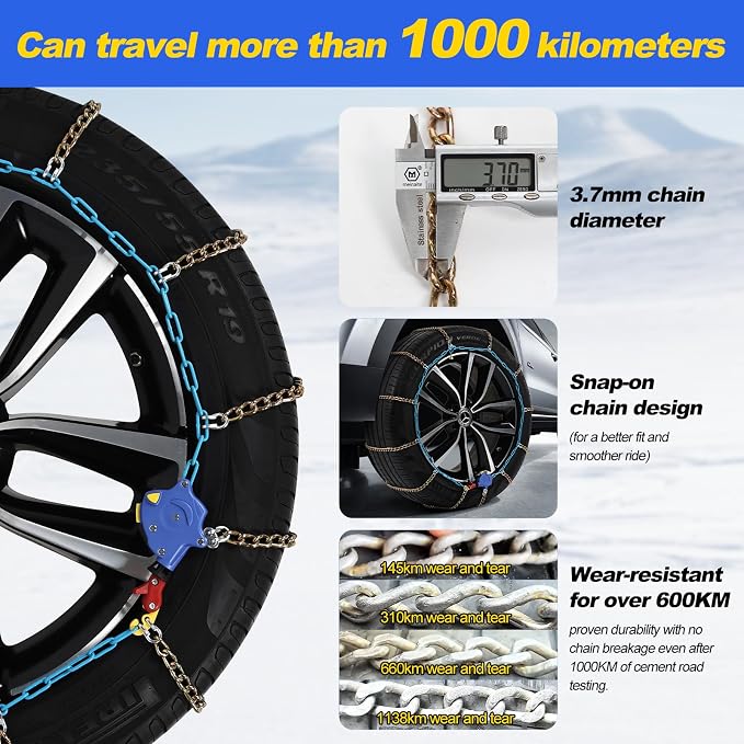 Auto Tightening Snow Chains for Cars, SUVs & Pickup Trucks – 1-Min Quick-Fit Auto Installation, Reusable Universal Emergency Traction Tire Chains – Set of 2（ALN160）