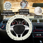 Crochet Steering Wheel Cover Set,Cute Car Steering Wheel Cover Boho 14-15in,Handmade Sunflower Granny Square Pattern,Women Car Accessories (A Wheel Cover)