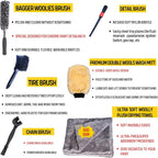 Motorcycle Cleaning Kit 6 Pack Design for Chrome, Woolies Brush, Wool Wash Mitt, Tire&Chain Brush, Detailing Brush& Ultra Plush Towel for Motorcycle& Bike Chrome Painted, Rims, Exhaust, Surface