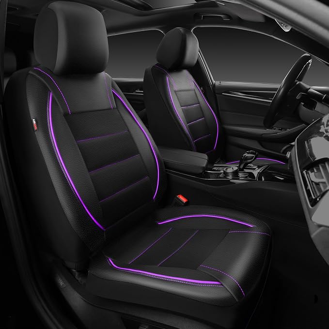 Universal FIT Piping Leather Two Front Seat Covers, Waterproof Faux Leather for SUV Sedan Van Truck, Airbag Compatible,Reserved Opening Holes for Headrest Covers(Black and Purple)