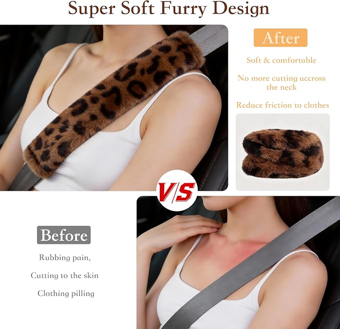 Soft Faux Fur Universal Fit Seatbelt Cover Car Truck SUV Airplane Seat Belt Shoulder Pad for Carmera Backpack Straps Neck Cushion Protector 2 Pack 10.5in Brown Leopard