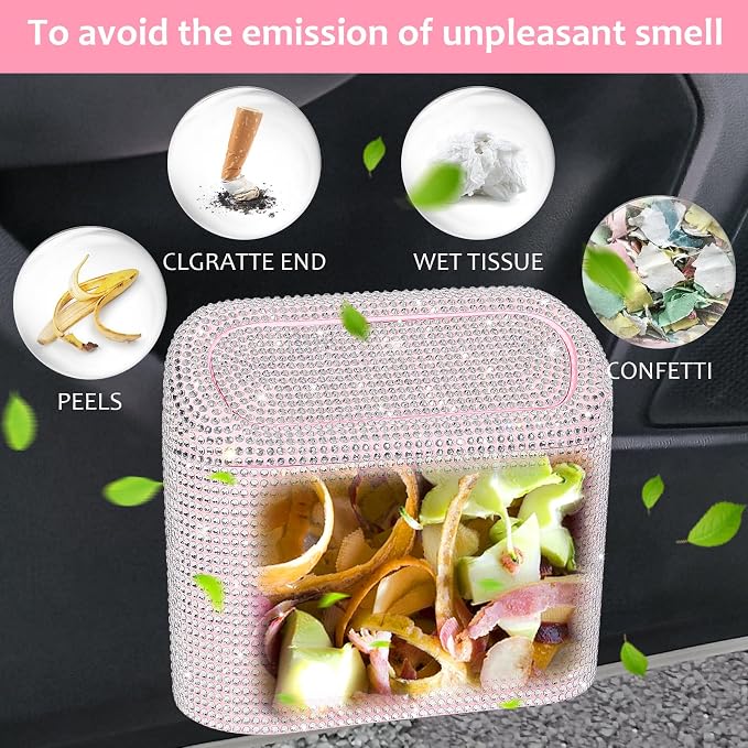 Bling Car Trash Can with Lid, Leakproof Mini Vehicle Trash Bin Automotive Dustbin Organizer Storage, Sparkling Crystal Rhinestone Trash Bag Container with 30pcs Garbage Bags Car Accessories