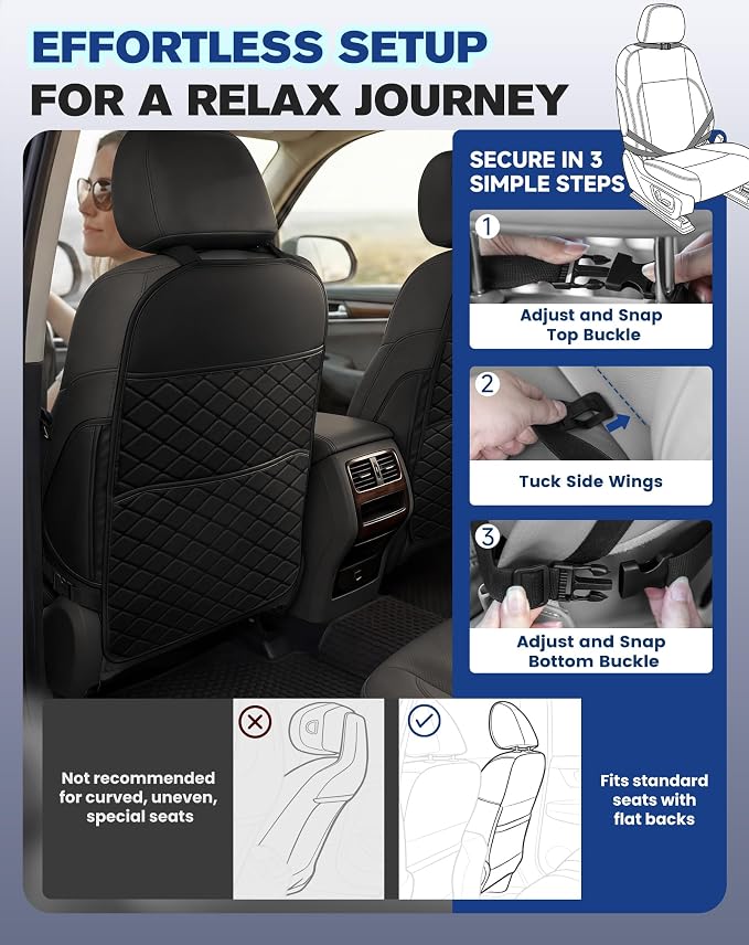 Seat Back Protectors for Kids, Car Kick Mats for Front Seats (Black) | With Large Pocket Organizer, Waterproof, Protects Against Dirt, Scuffs & Scratches, Fits Most Vehicles, 2PCS