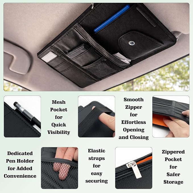 Black Car Sun Visor Organizer, 1-Pack Multi-Pocket Auto Storage Pouch for SUV and Truck, PU Leather Visor Holder with Zipper Pocket, Card Slots, Pen Loop, Sunglasses and Key Storage
