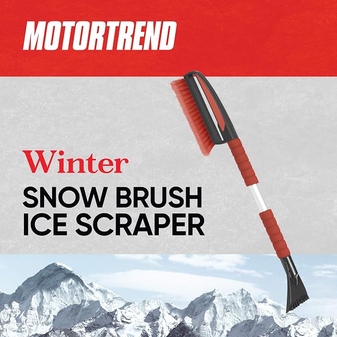 Motor Trend Ice Scraper with Tough Rubber Grip Snow Brush/Broom/Frost Remover for Car and Truck Windshields/Mirrors, Winter Storm Survival Kits