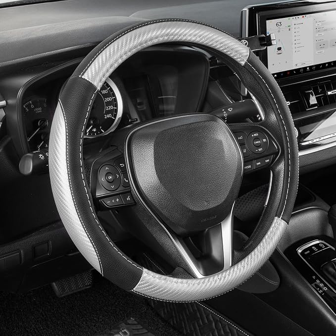 Car Steering Wheel Cover for Prius Civic Model 3 Model Y Camaro, Small Size 14-14.25 inch, Auto Interior Accessories, Black with Sliver Carbon Fiber Pattern