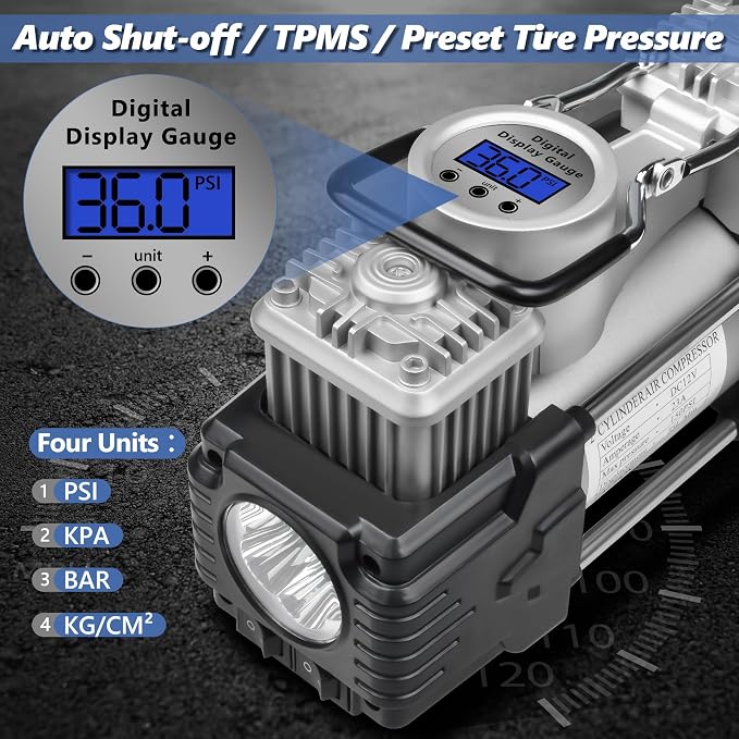 Dual Cylinder Tire Inflator Air Compressor, 150 PSI 12V DC Portable Air Pump with Digital Display, LED Flashlight, Auto Shut-Off, Heavy Duty for Truck, SUV, Car, RV (SILIVER)