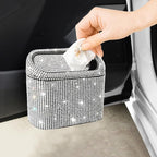 Bling Car Trash Can with 30pcs Garbage Bags, Vehicle Trash Bin with Lid Auto Dustbin Organizer Garbage Storage, Sparkling Crystal Mini Trash Container Holder