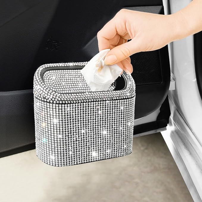 Bling Car Trash Can with 30pcs Garbage Bags, Vehicle Trash Bin with Lid Auto Dustbin Organizer Garbage Storage, Sparkling Crystal Mini Trash Container Holder
