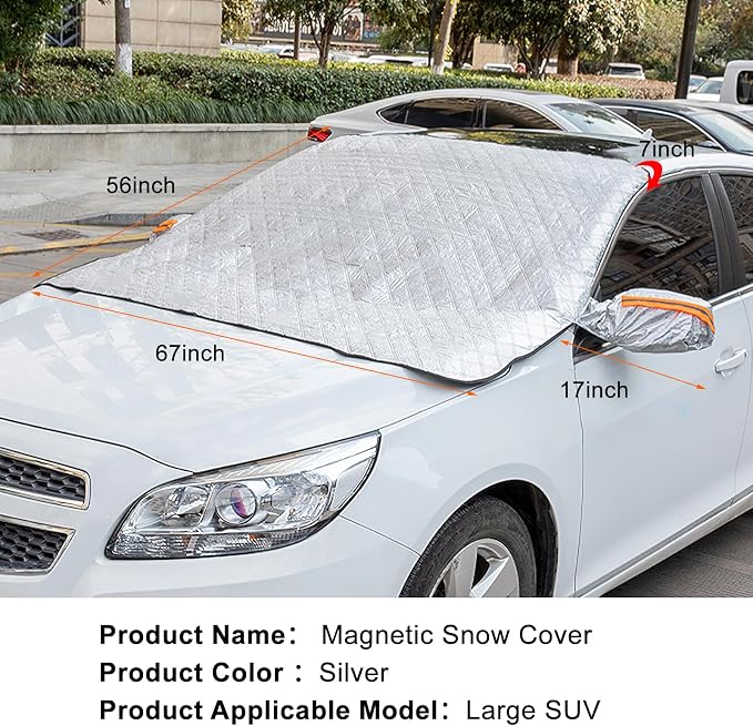 Car Windshield Snow Cover, 4-Layer Protection for Snow, Ice, Frost, Sunlight, Large Magnetic Car Windshield Cover with Side Mirror Protector Fit for Large Cars, SUV, Truck, Van in All Weather