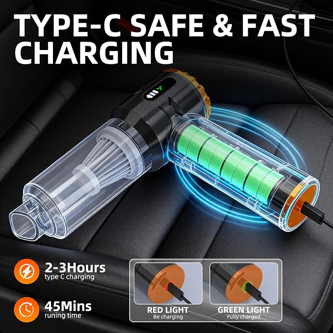 Handheld Vacuum Cleaner Cordless, 23000Pa Powerful Car Mini Vacuum Cleaner, Rechargeable Portable Lightweight dust Catcher for Home Car Carpet Stairs Pet Hair Deep Cleaning（Black-Orange）