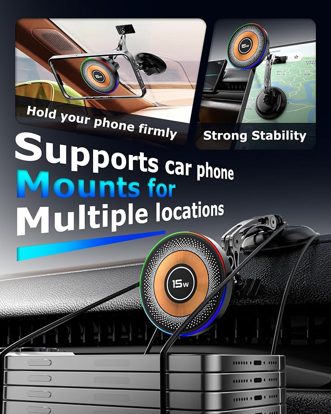 Magnetic Wireless Charging Car Phone Holder with 15W Fast Charging & Strong Vacuum Suction, 360° Rotatable Dashboard & Windshield Mount for Magsafe iPhone 17/16/15/14/13 Android Galaxy S24/S23/S22