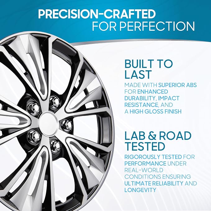 16 Inch Hubcaps Set of 4 – OEM Replacement Snap-On Wheel Rim Covers - Universal Fit Car Wheel Cover for Cars, Trucks, SUV, Vans Durable ABS Black & Silver 5-Spoke Hub-Cap Car Accessories Exterior